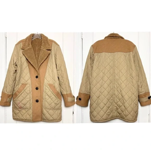 DEREK LAM 70s Reversible Wool Blend Quilted Faux Shearling Oversized Barn Coat 6 - Picture 12 of 17